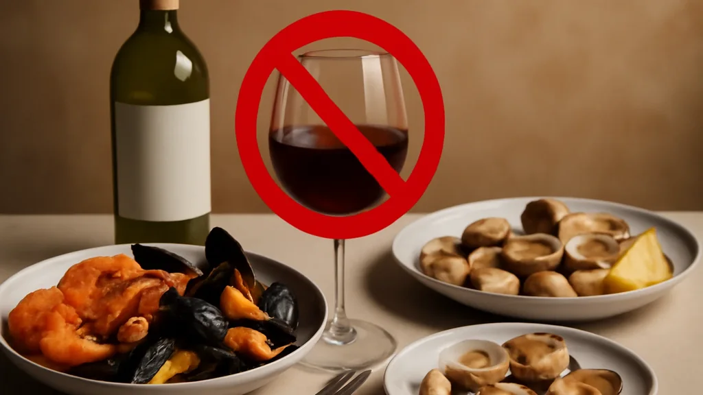 Molluschi di mare e due calici per confrontare abbinamenti con il vino