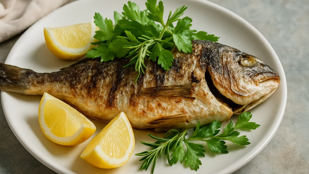 Pesce grigliato servito con spicchi di limone ed erbe su un piatto