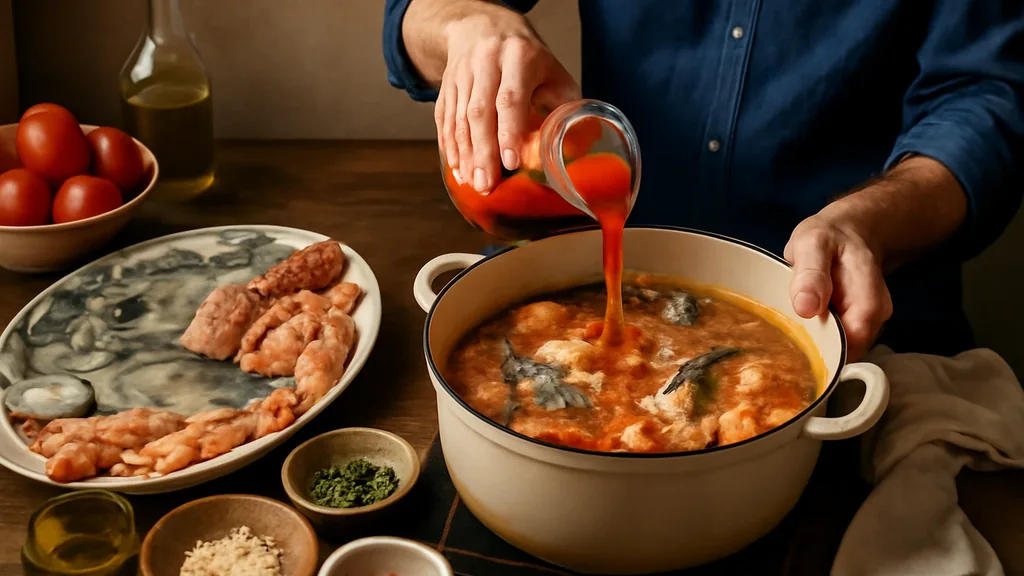 Ingredienti puliti e pentola per preparare un fumetto di pesce