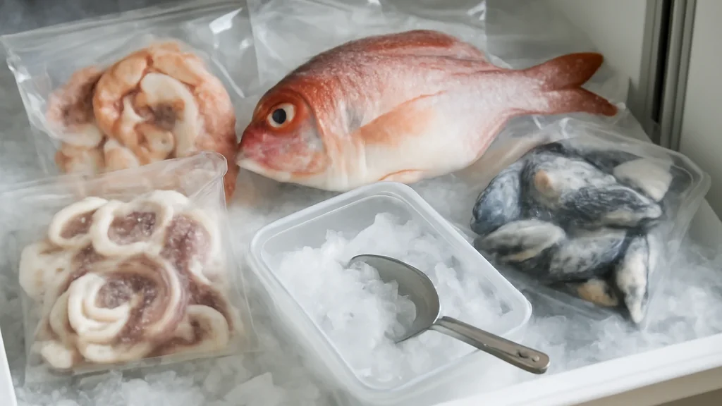 Pesce fresco disposto su ghiaccio al banco di una pescheria