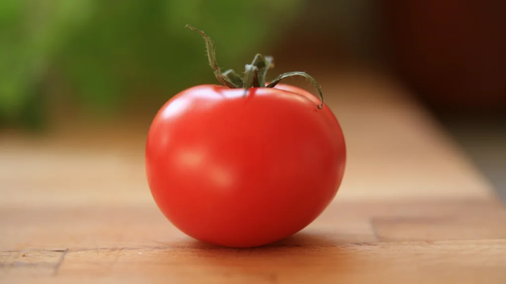 Pomodoro rosso maturo appoggiato su un tagliere di legno